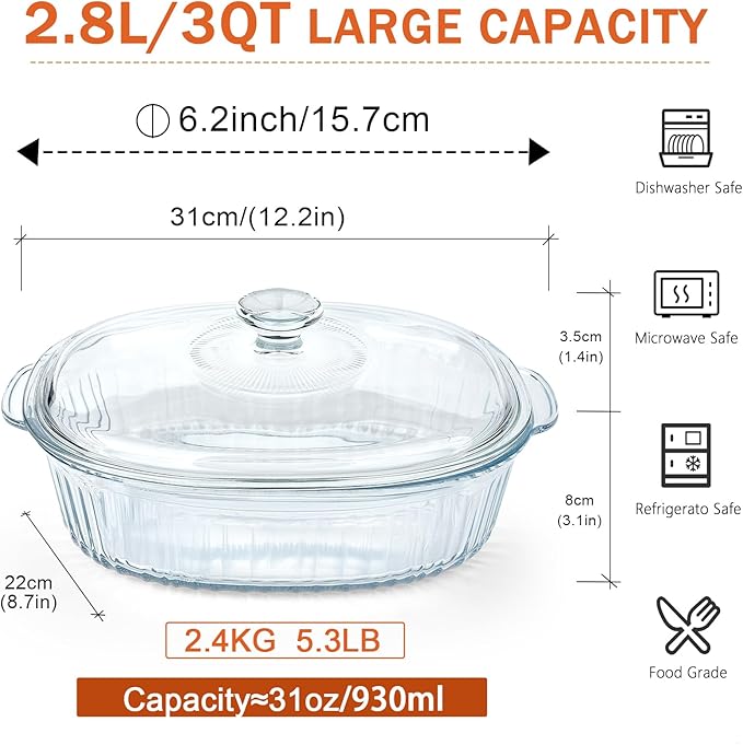 Reasim 2.8L/3Qt Glass Casserole Baking Dish - Image 2