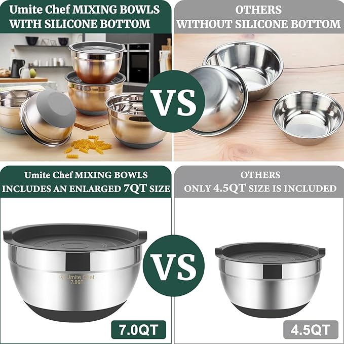 Umite Chef Mixing Bowls with Airtight Lids，6 piece Stainless Steel Metal - Image 3