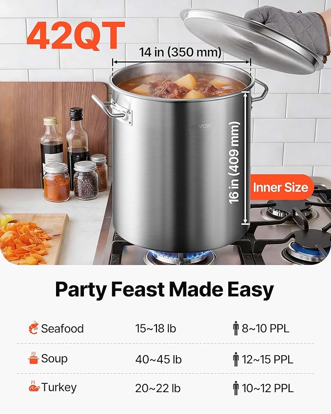 VEVOR Stainless Steel Stockpot, 42 Quart Large Cooking Pots, Cookware Sauce Pot - Image 2