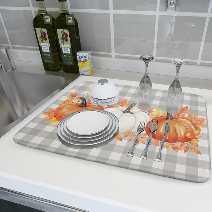 Fall Dish Drying Mat for Kitchen Counter Autumn Orange White Pumpkins Festival - Image 6