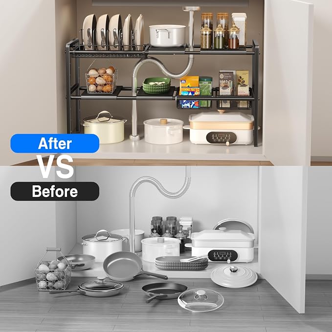 Mustorn Pots and Pans Organizer Under Cabinet, Expandable 2 Tier Under Sink - Image 4