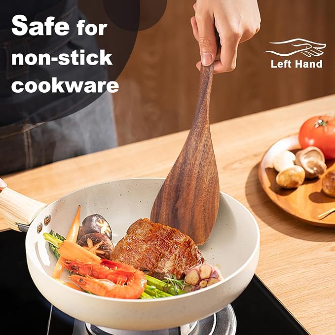 Jilla-hla Wooden Spatula Nonstick Turner Acacia Wood, Left Long Handle Flat - Image 5