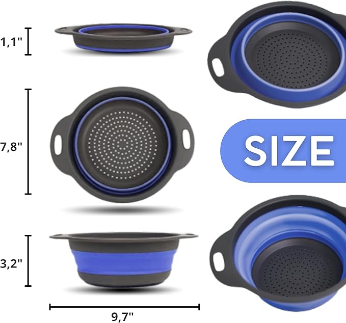 Round Silicone Blue Colander Collapsible – Foldable Kitchen Strainer Small - Image 2