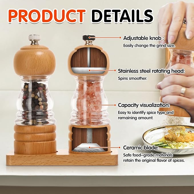 Salt and Pepper Grinder Set, Refillable and Adjustable Grinder - Image 2