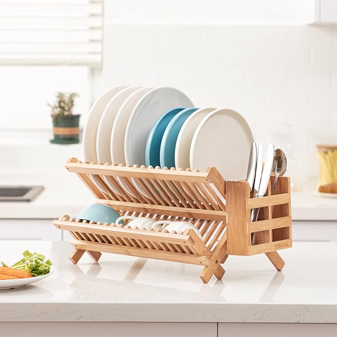 HBlife Dish Rack, Bamboo Folding 2-Tier Collapsible Drainer Dish Drying Rack - Image 2