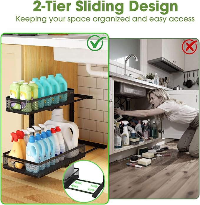 Under Sink Organizer 2-Pack, Metal 2-Tier Pull-Out Cabinet Shelf - Image 3