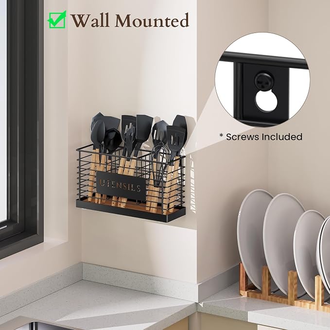 THYGIFTREE Utensil Holder for Kitchen Counter Large Black Metal Cooking Utensil - Image 5