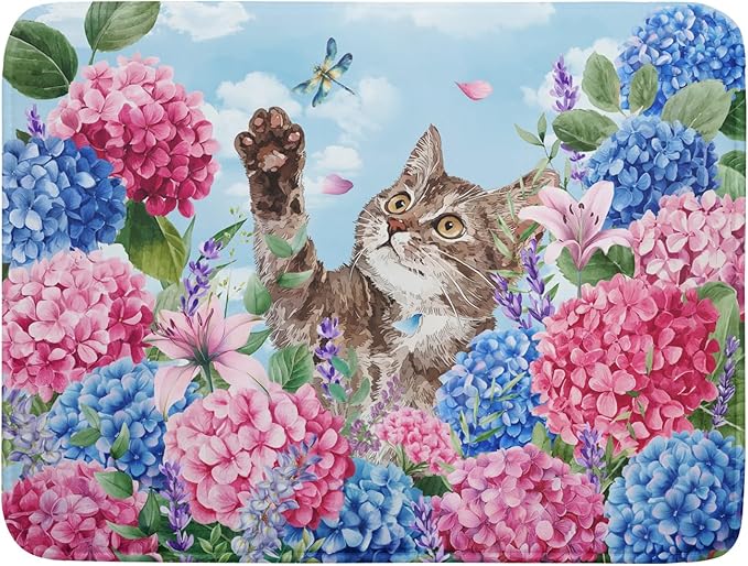 Cute Cat Dish Drying Mats for Kitchen Counter Hydrangea Floral Absorbent Drying by Giwawa