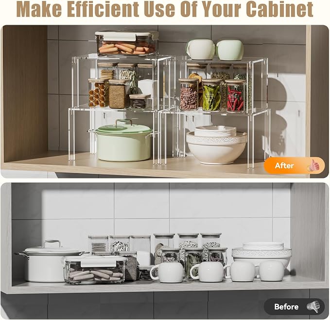 YUNEASELF Clear Cabinet Organizer: Acrylic Shelf Riser Set of 4 - Image 7