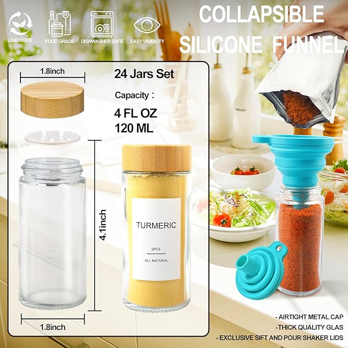 AISIPRIN Glass Spice Jars with 398 Labels-4oz 24 Pcs, Round Seasoning Jars with - Image 3