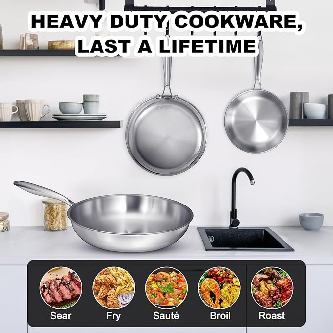 EWFEN Tri-Ply Stainless Steel Frying Pans Set, 8”/10”/12” Cooking pans - Image 7