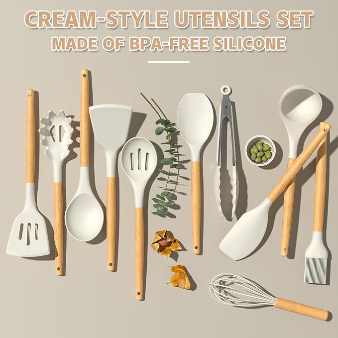 Umite Chef Kitchen Cooking Utensils Set, Wooden Handle Silicone Kitchen Gadgets - Image 4