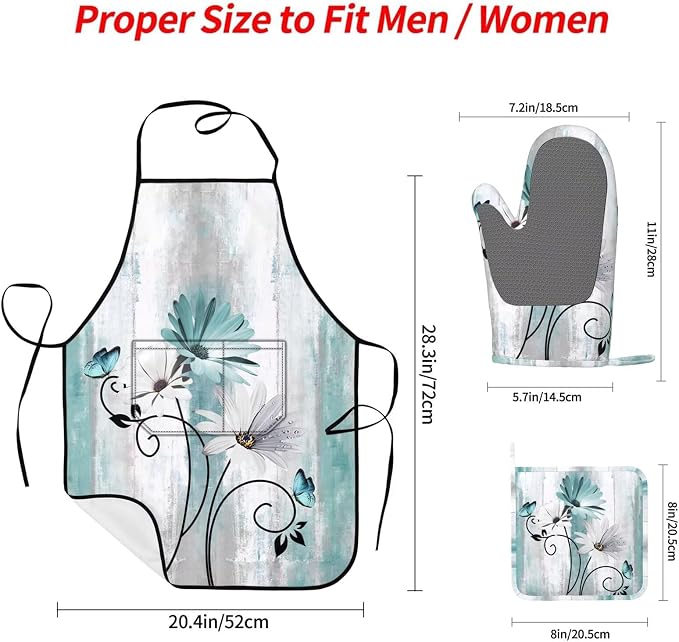 Teal Daisy Oven Mitts Pot Holders Cooking Apron Set of 5 Silicone Farm Teal - Image 2