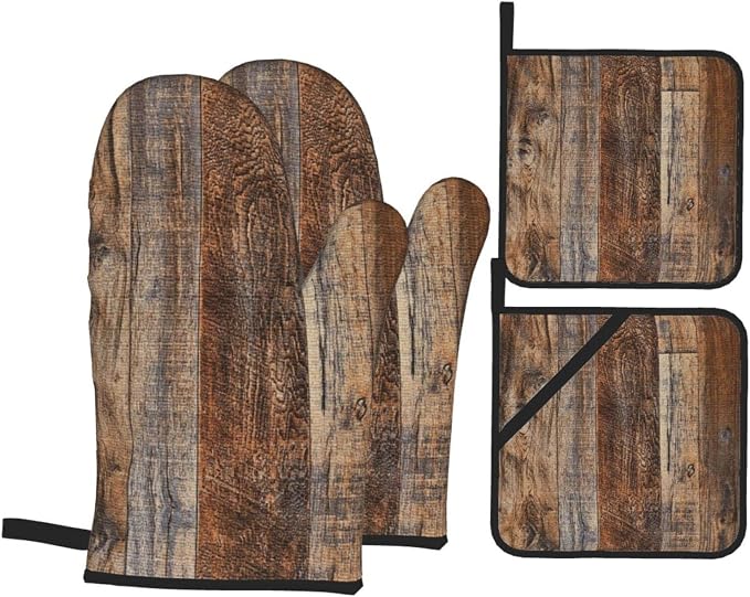 Oven Mitts and Pot Holders Sets of 4, Vintage Brown Wood Splicing Pattern by DONMYER