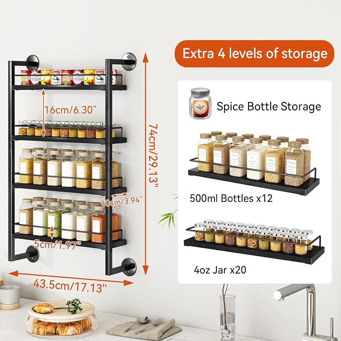 IBUYKE Spice Rack Wall Mount, 4 Tier Hanging Seasoning Organizer, Spice Rack - Image 4