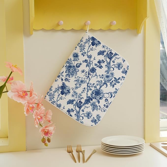 Blue Floral Dish Drying Mat 18 x 24 Inch Vintage Navy Blue Floral Drying Mat - Image 4