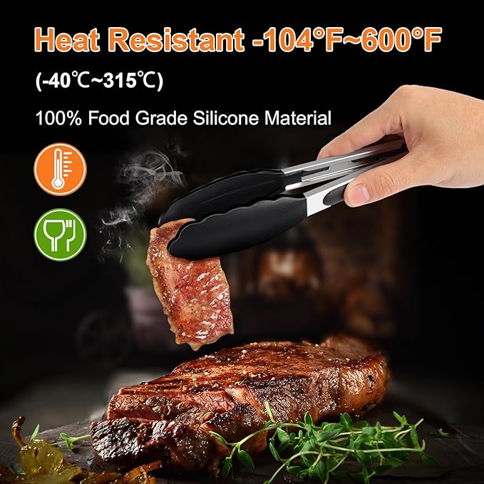 2 Pack Black Premium Stainless Steel Heat Resistant Kitchen Tongs - Image 3