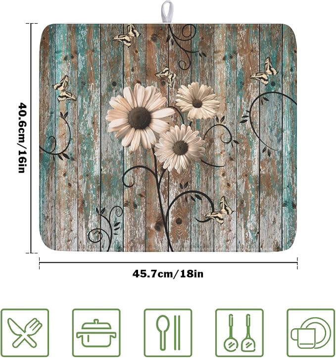 Dish Drying Mat for Kitchen Counter 16 x 18 Inch Rustic Vintage Daisy Floral - Image 2