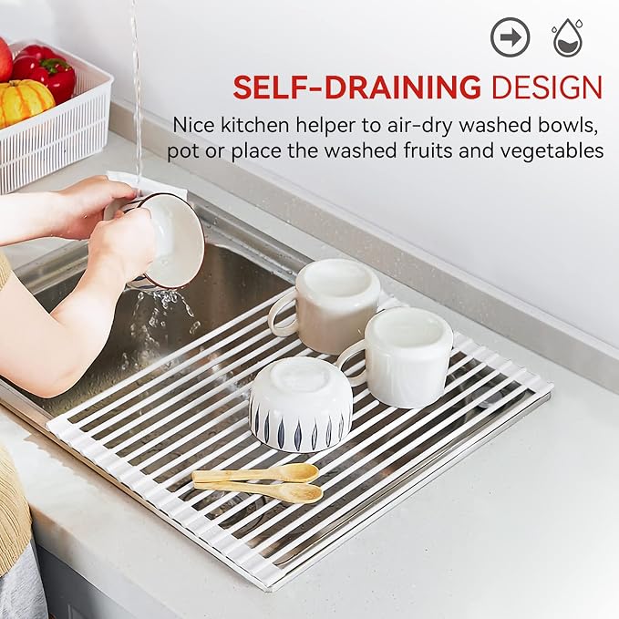 MERRYBOX Roll Up Over The Sink Dish Drying Rack Silicone Wrapped Foldable - Image 8