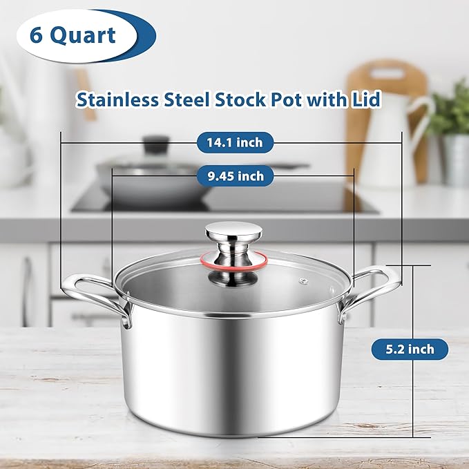 E-far 6 Quart Stock Pot, Tri-Ply Stainless Steel Cooking Pot - Image 2