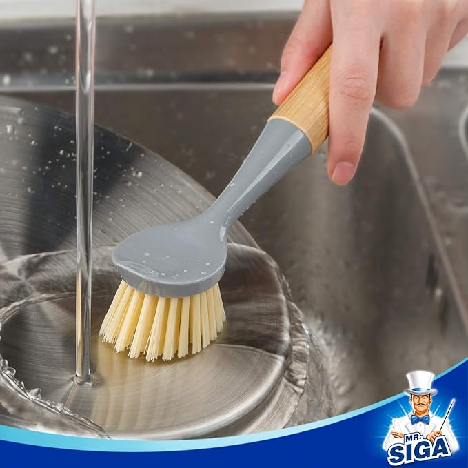 MR.SIGA Dish Brush with Bamboo Handle Built-in Scraper, Scrub Brush - Image 4
