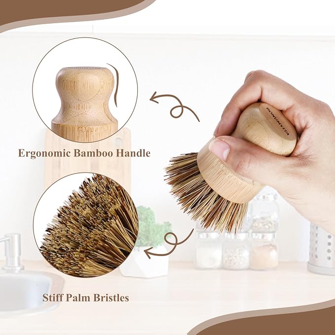 Bamboo Dish Brush Set, 4 Pack Kitchen Palm Pot Brush - Image 2