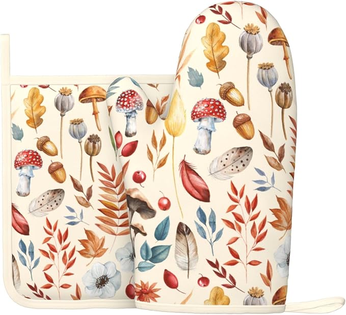 Fall Silicone Oven Mitts Pan Mats Set of 2, Heat Resistant Gloves Potholder by Cayiibe