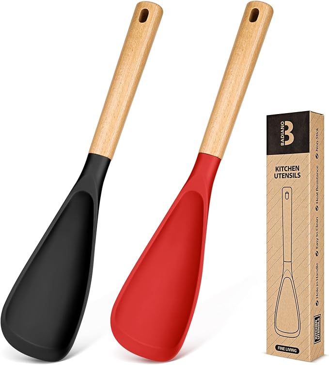 Cooking Spoon for Nonstick Cookwares, Wood Handle Spoon for Mixing, and Scrape by BADIANO
