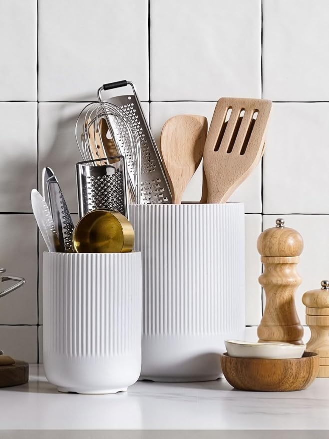 LE TAUCI Utensil Holder for Kitchen Counter, 7.3"+5.4" Fluted Ceramic Utensil - Image 3