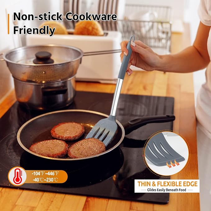 Silicone Spatula Set of 2, E-far Solid & Slotted Turner - Image 3