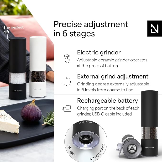 LARS NYSØM Electric Salt and Pepper Grinder Set I Automatic Salt and Pepper - Image 2