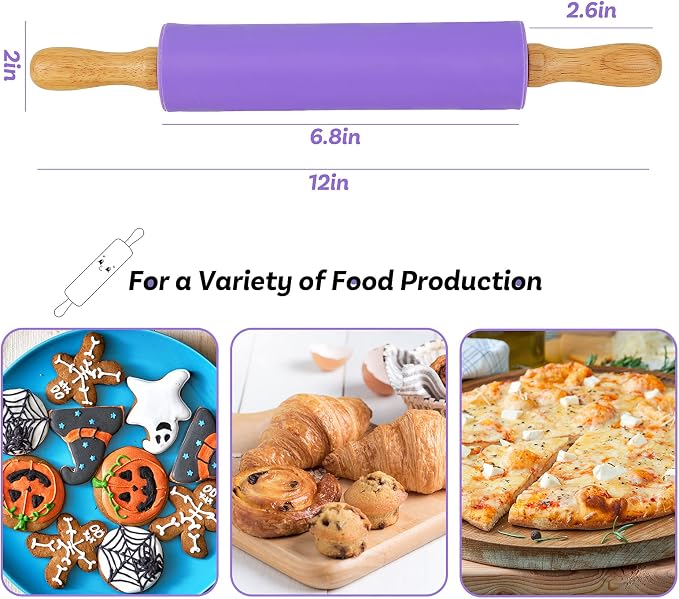 Koogel Rolling Pin for Baking, 12 Inch Non-Stick Silicone Surface, Wooden - Image 2
