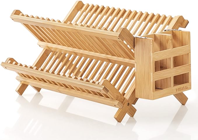 HBlife Dish Rack, Bamboo Folding 2-Tier Collapsible Drainer Dish Drying Rack by HBlife