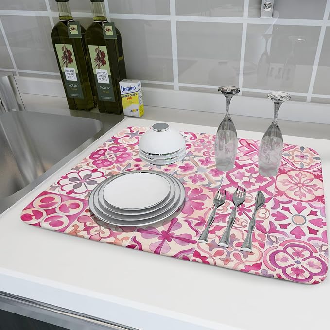 Pink Mexican Tiles Dish Drying Mat Absorbent Microfiber Dish Drying Pad - Image 6
