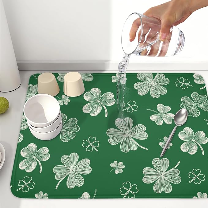 St Patrick's Day Dish Drying Mat 18 x 24 Inch Green Shamrock Dish Drainer Rack - Image 6