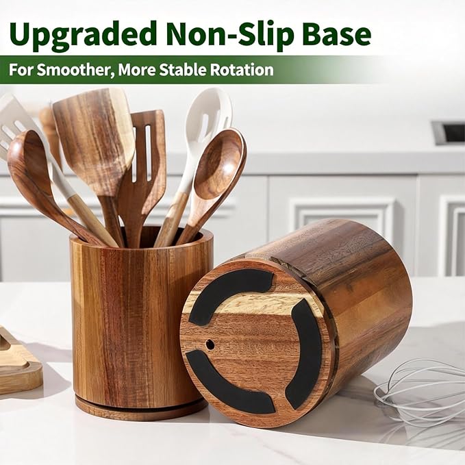 Wooden Utensil Holder, 360°Rotating 7.3'' Large Utensil Holder - Image 6