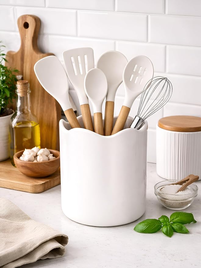 Ceramic Utensil Holder for Kitchen Counter, 7.1" Large Kitchen Utensil Crock - Image 3