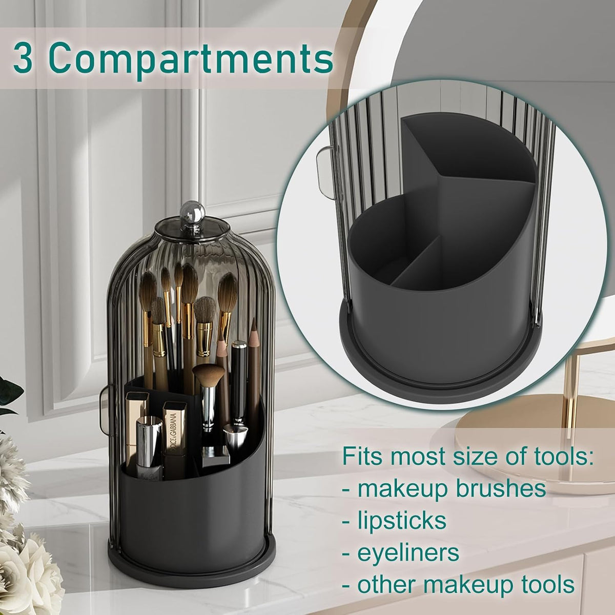 Makeup Brush Holder with Lid Rotating Cosmetic Organizer, Black-Grey