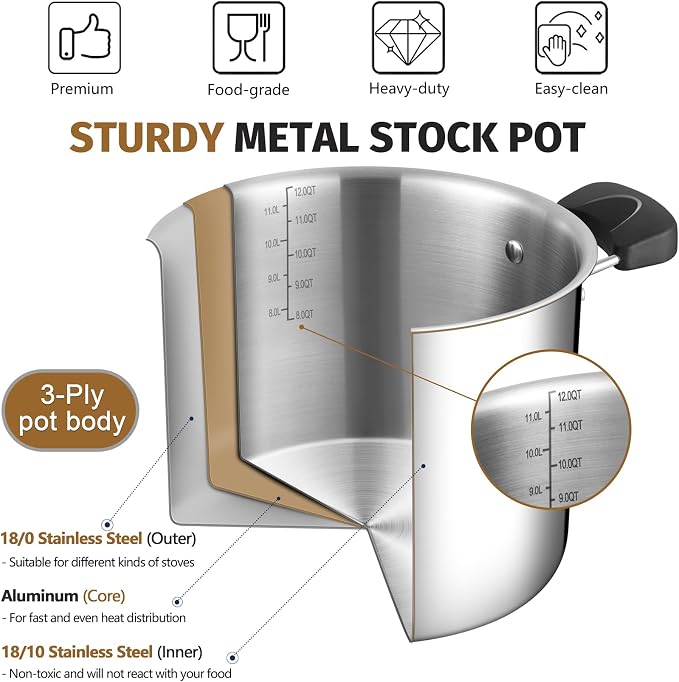12 Quart 3-Ply Cooking Stock Pot - Image 4