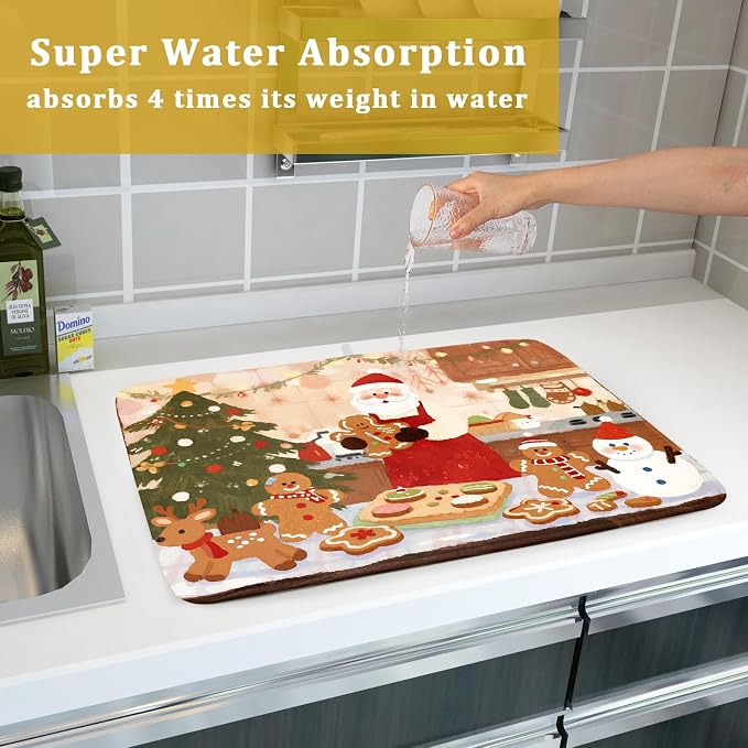 Christmas Dish Drying Mat for Kitchen Counter 18x24 Santa Claus Gingerbread - Image 7