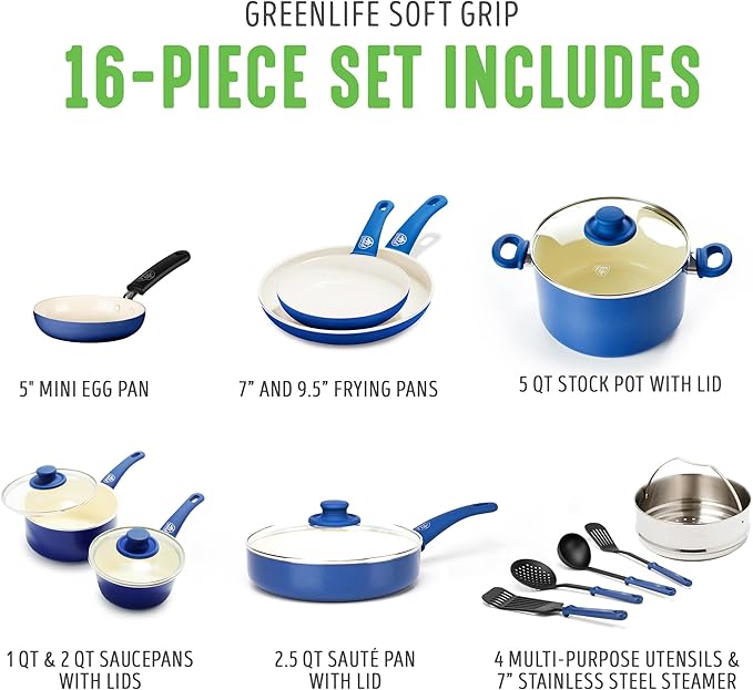 GreenLife 16 Piece Nonstick Cookware Set, Soft Grip Non-Toxic PFAS-Free Ceramic - Image 3