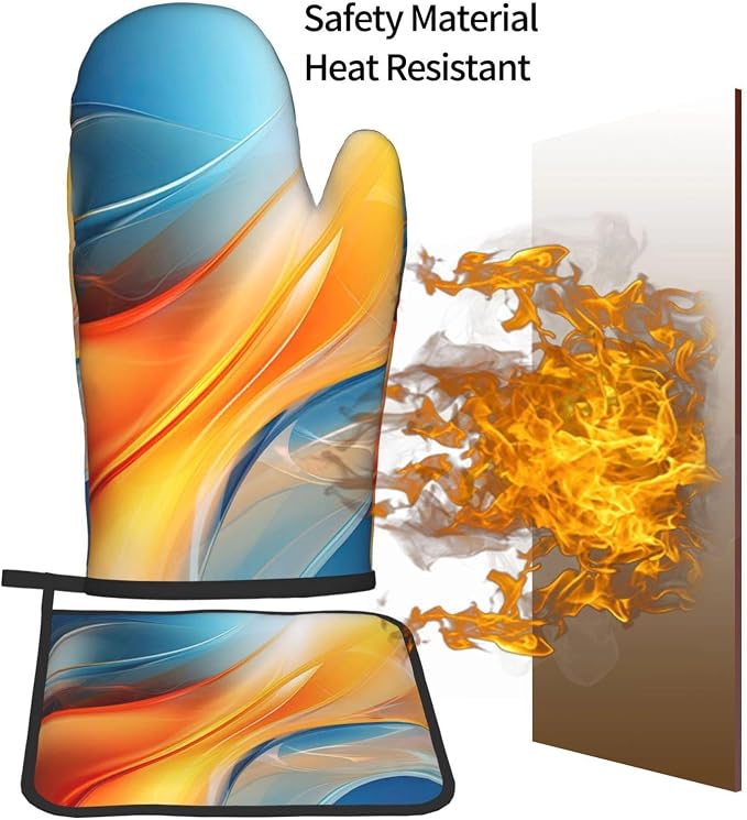 Burnt Orange Blue Abstract Fluid Oven Mitts and Pot Holders Sets of 3, Heat - Image 7