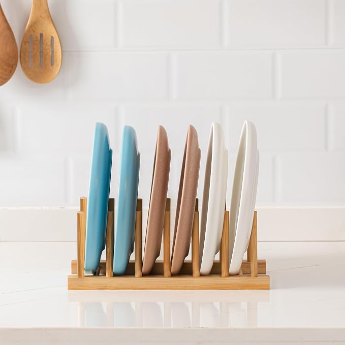 HBlife Bamboo Dish Plate Bowl Cup Book Pot Lid Cutting Board Drying Rack Stand - Image 5