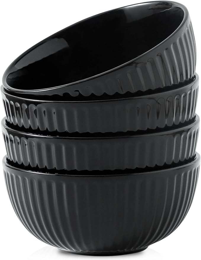 HASENSE 7 Inch Large Serving Bowls Set of 4, 42 Oz Black Ceramic Salad Bowl by Hasense