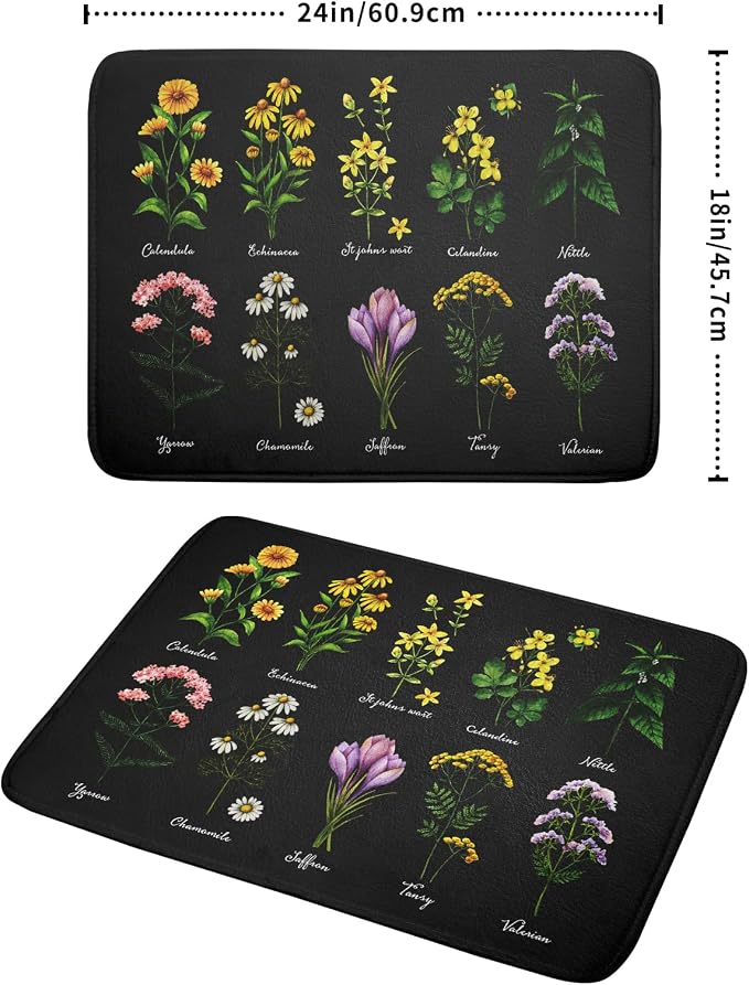 Black Flower Herbs Dish Drying Mat 18x24 Inch Botanical Floral Microfiber - Image 2