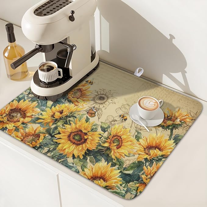 Sunflower Dish Drying Mat for Kitchen Counter Vintage Yellow Sunflowers - Image 7