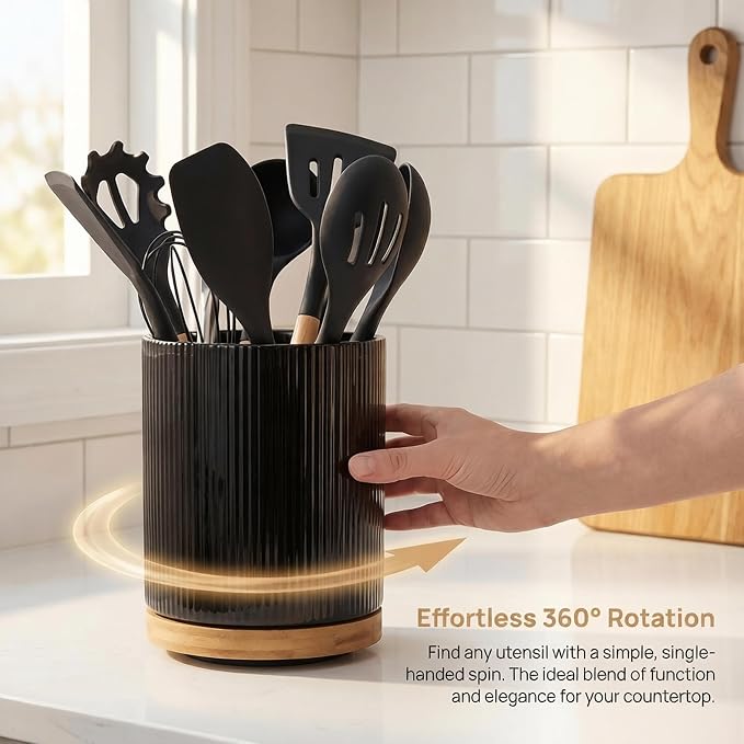 QUELIEN Utensil Holder, 360° Rotating Ceramic Kitchen Utensil Holder - Image 2