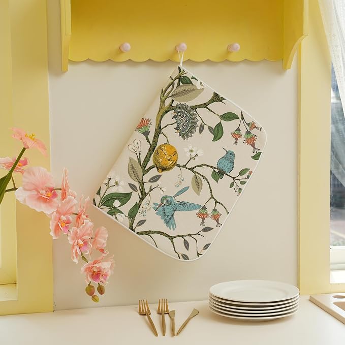 Boho Dish Drying Mat 18x24 Inch Vintage Lemon Floral Blue Bird Drying Mat - Image 5