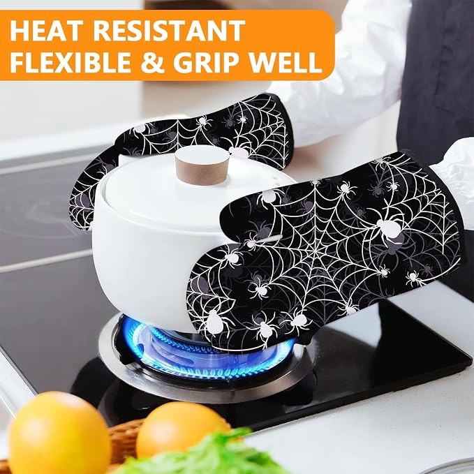 Spider Web Oven Mitts and Pot Holders Sets 4Pcs, Extra Long Oven Gloves - Image 6