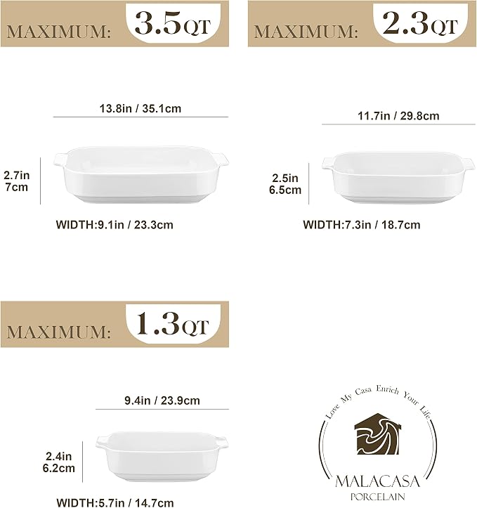 MALACASA Casserole Dishes for Oven, Ceramic Baking Dishes Set of 3, Rectangular - Image 2